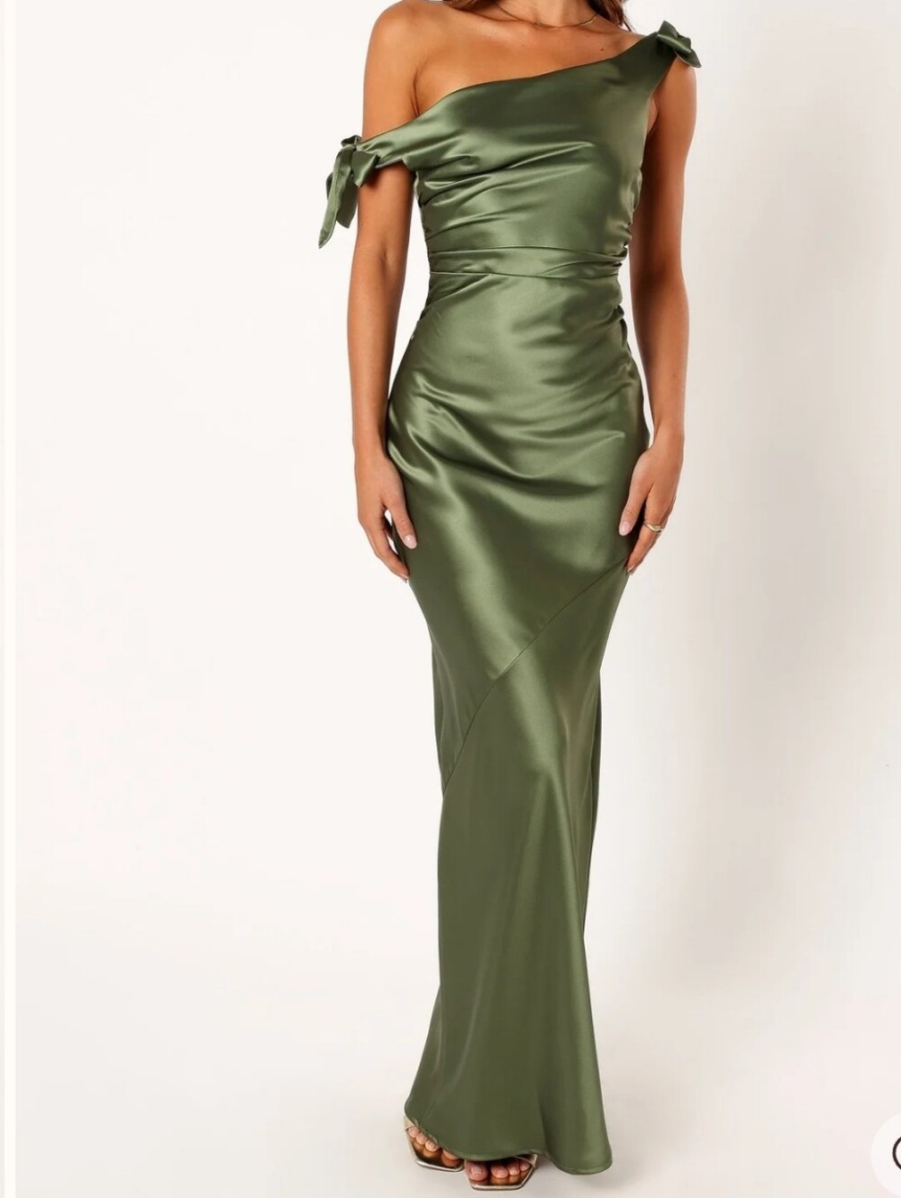 Petal & Pup Olive Satin Tie-Shoulder Maxi Dress